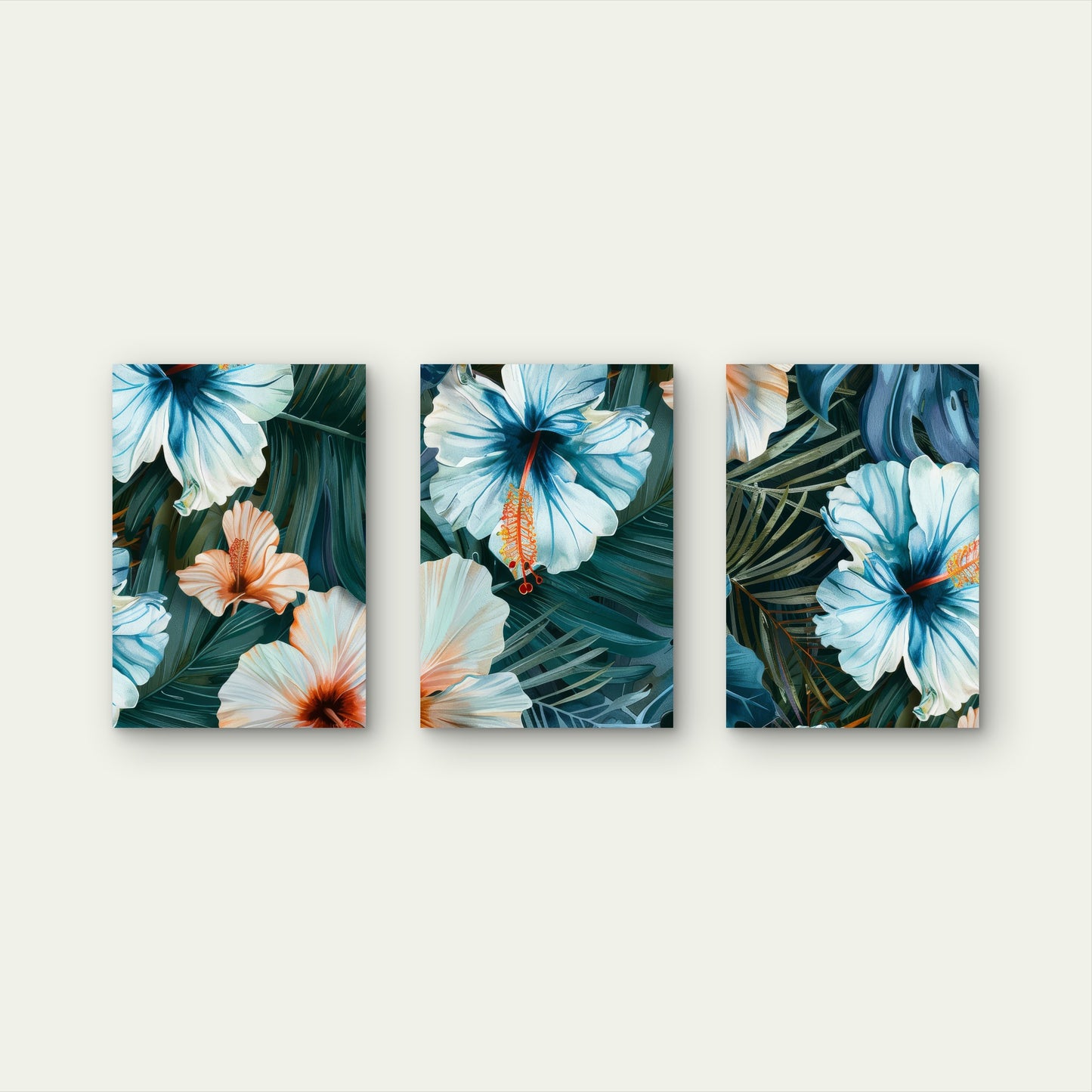 3pcs Modern Dark Teal Hawaiian Hibiscus Flower Triptych Wall Art Set Canvas Framed 40x60cm - High Quality Print 100% Australian Made Wall Canvas Ready to Hang