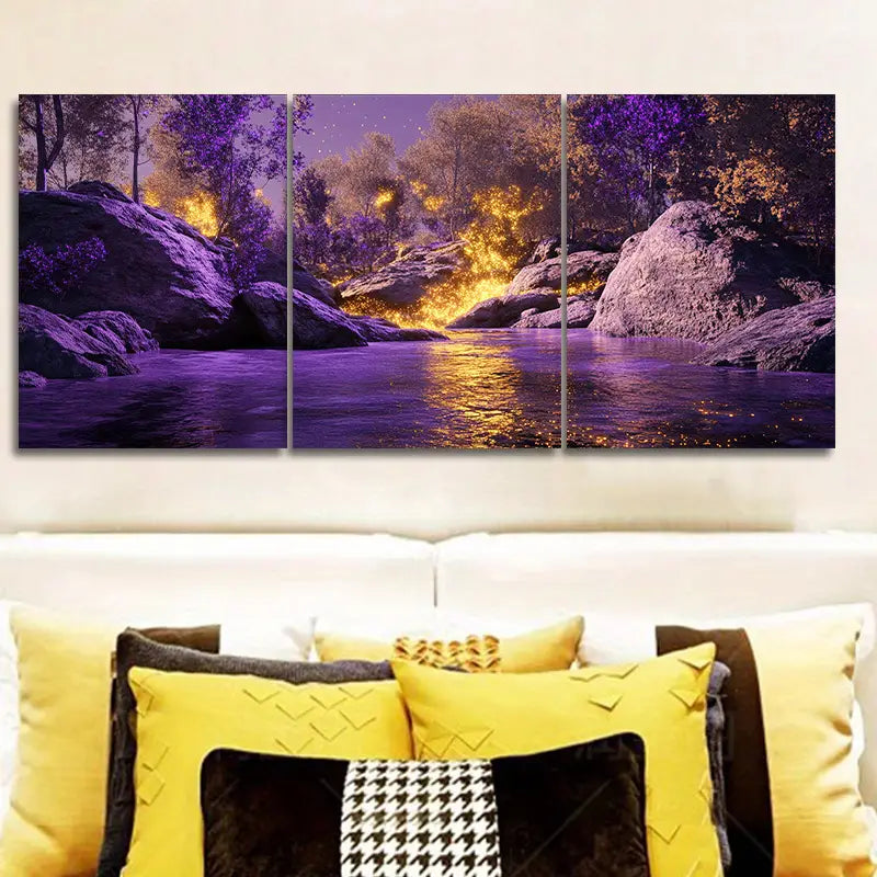 3pcs A purple And Golden Iridescent Rock Metal Print Ready to Hang Art - Bella Home Decor