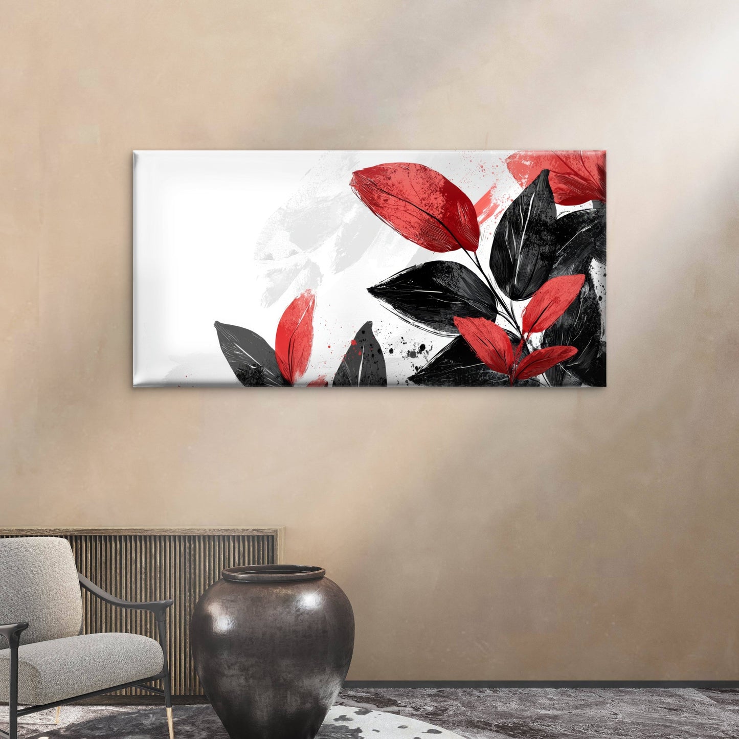 Abstract Red Black Leaf Design Wall Art Canvas Office Home Room Framed 120x60cm