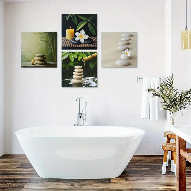 4pcsWhite Petals Poster, Stone Path Wall Art Canvas Framed