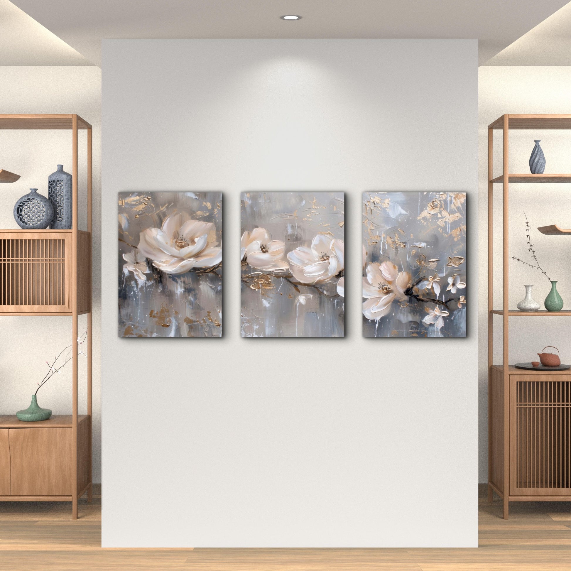 3pcs Gilded Petals Dancing In Silver Rain Wall Art Set Canvas Framed 60x90cm - High Quality Print 100% Australian Made Wall Canvas Ready to Hang - Bella Home Decor