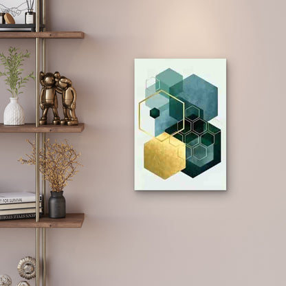 Golden & Teal Geometric Honeycomb Metal Print Ready to Hang - Bella Home Decor