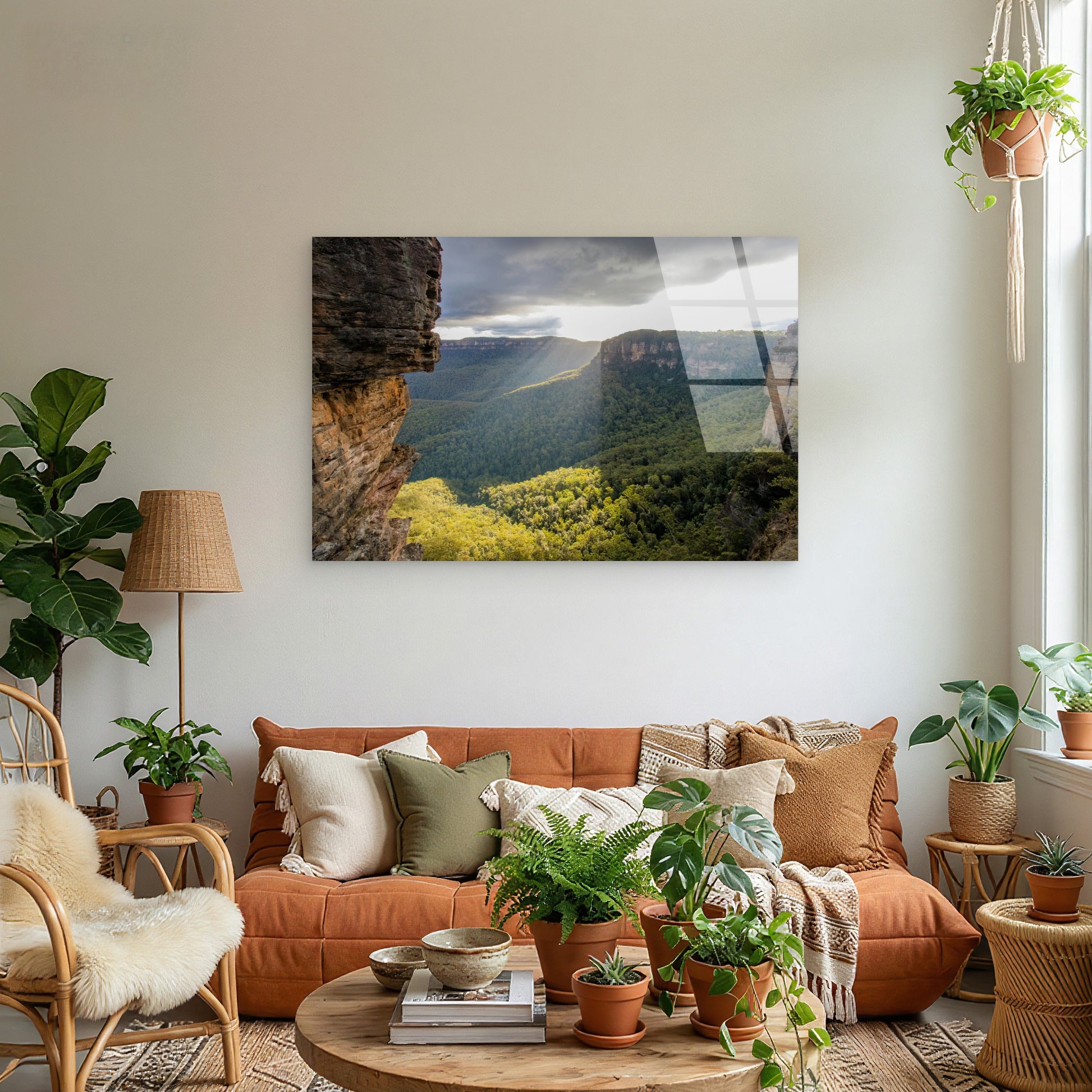 Sunbeams Over Jamison Valley Cliffside View Blue Mountains National Park Australia Acrylic Glass Printing Wall Art Australian Made