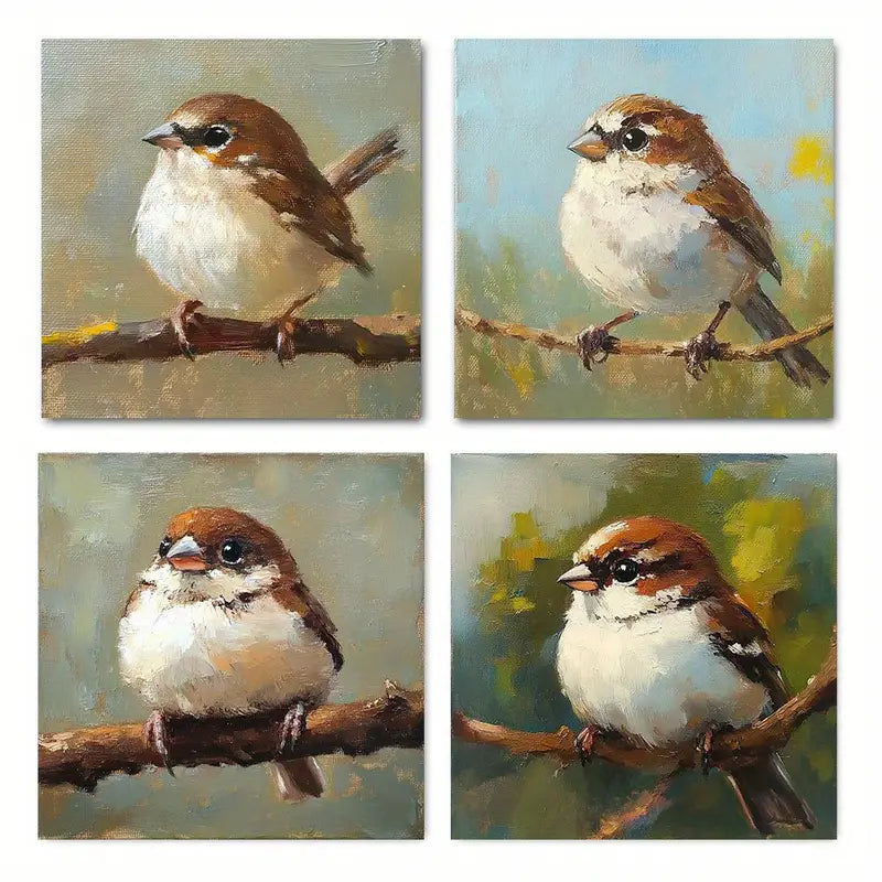 4pcs  Sparrow Bird Art Deco Wall Art Canvas Framed