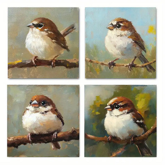 4pcs  Sparrow Bird Art Deco Wall Art Canvas Framed