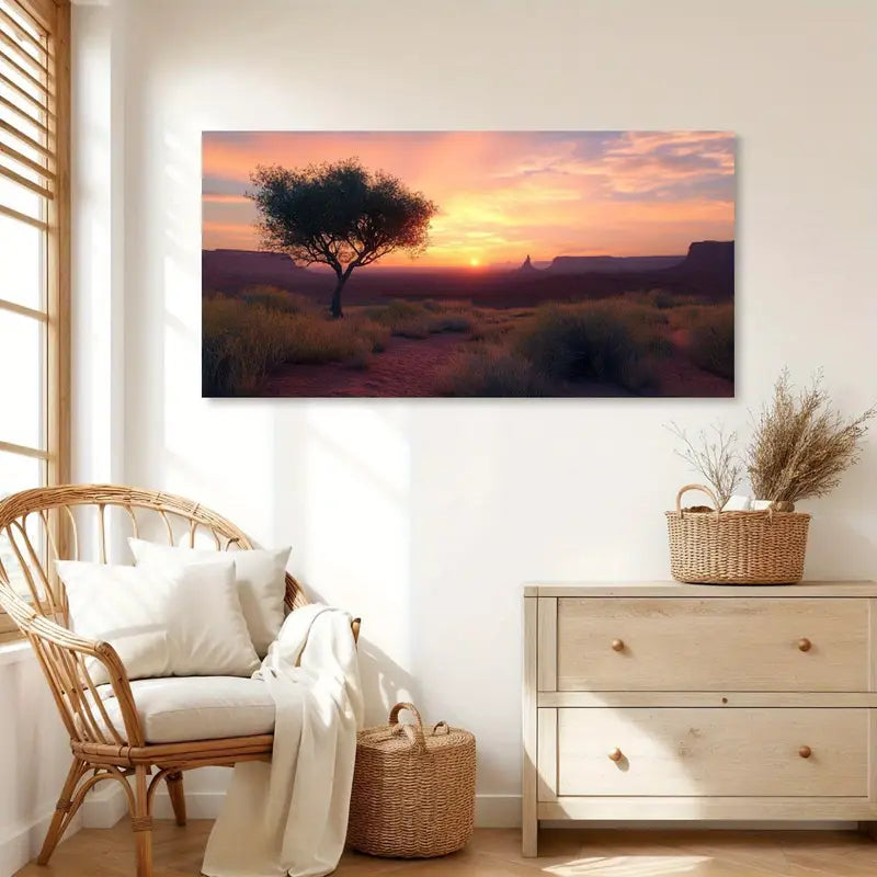 Dawn Scenery Single Tree Grass & Distant Mountains Wall Art canvas office home room framed 120x60cm - Bella Home Decor