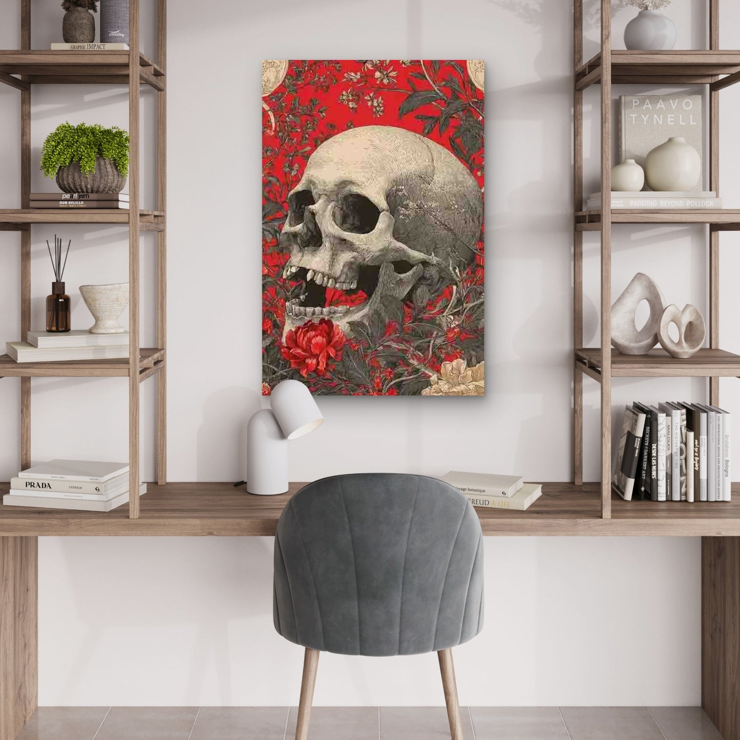 Nightmare with Red And Black Floral Skeletons 60x90cm Metal Print Ready to Hang - Bella Home Decor