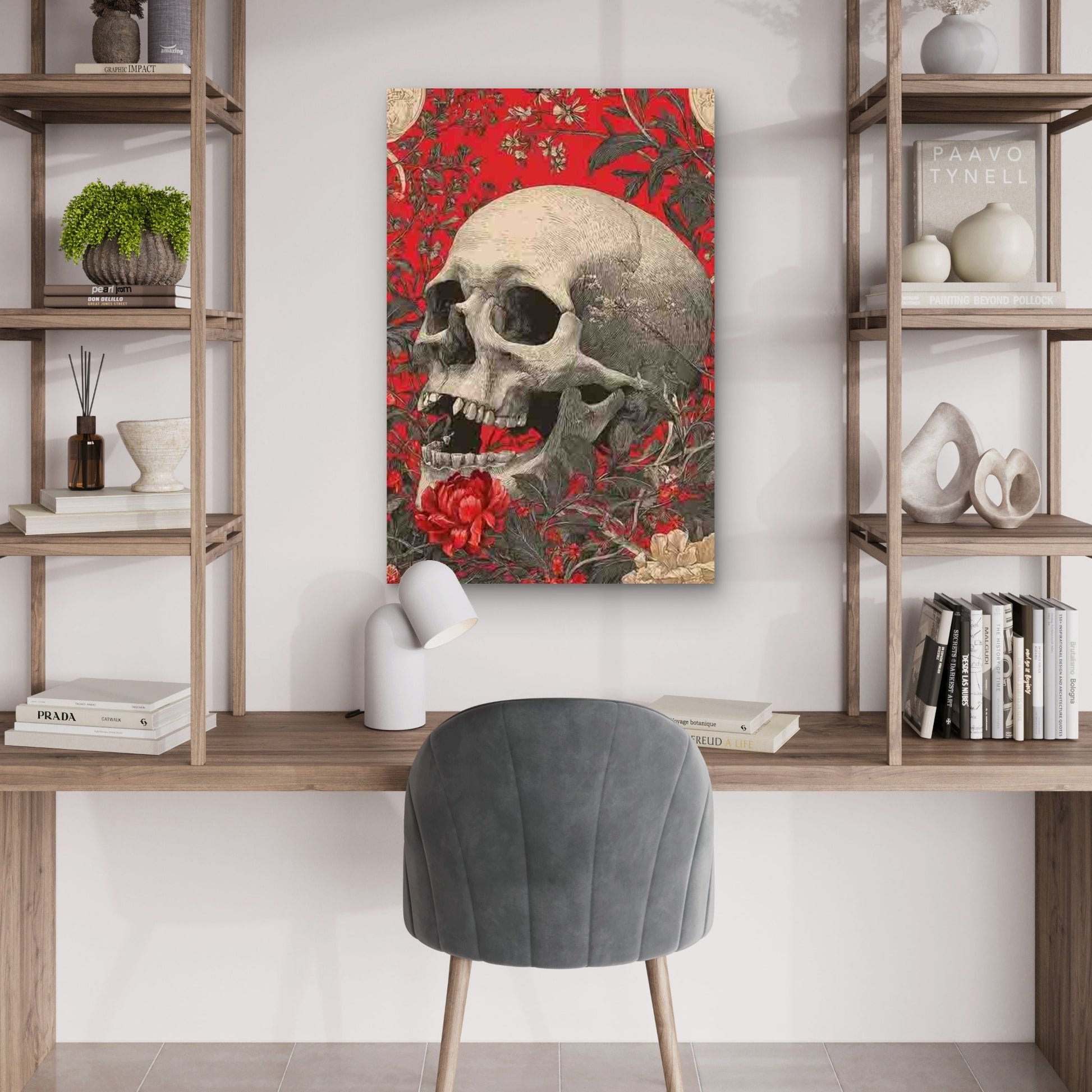 Nightmare with Red And Black Floral Skeletons 60x90cm Metal Print Ready to Hang - Bella Home Decor