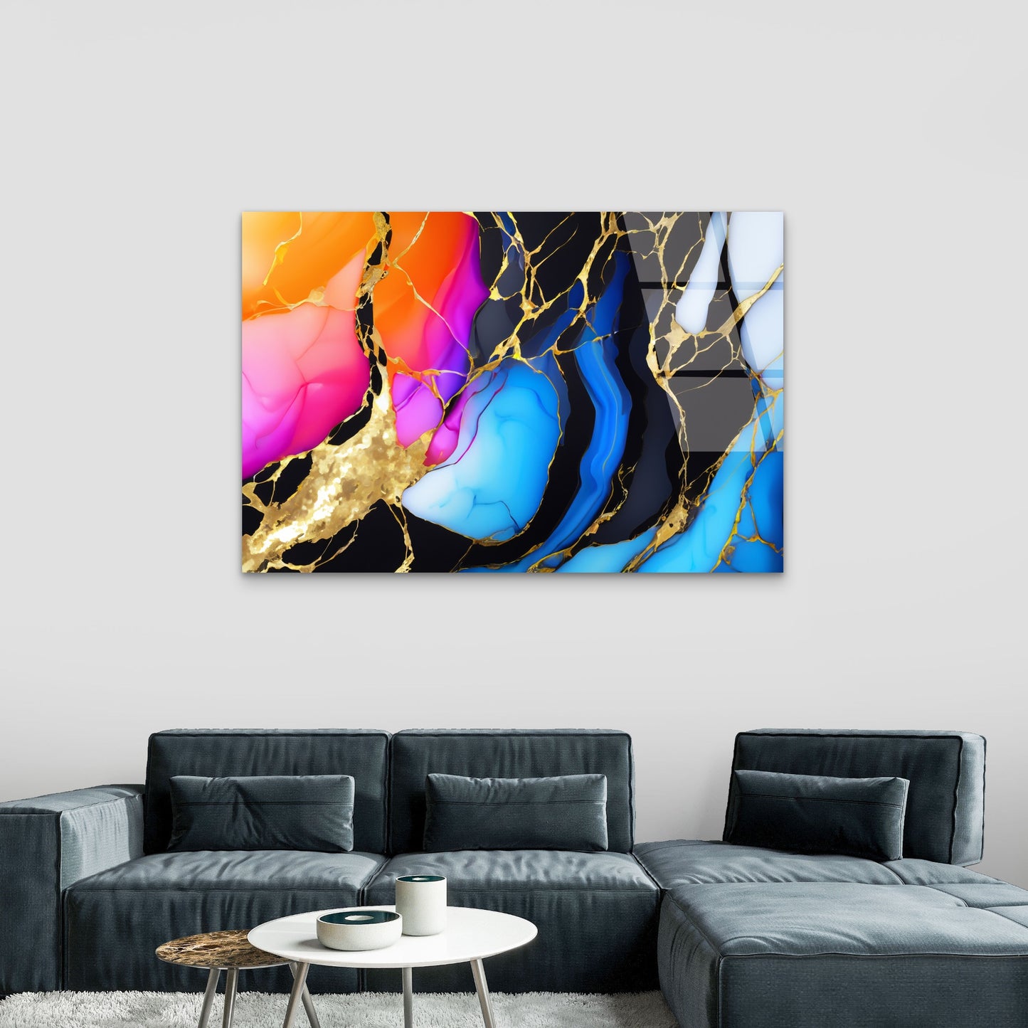 Abstract Gold Blue Pink Agate Marble Acrylic Glass Printing Wall Art Australian Made Quality