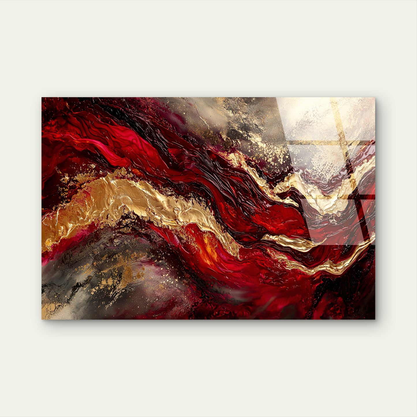 Abstract Red Gold Black Fluid Resin Glass Printing Wall Art Australian Made