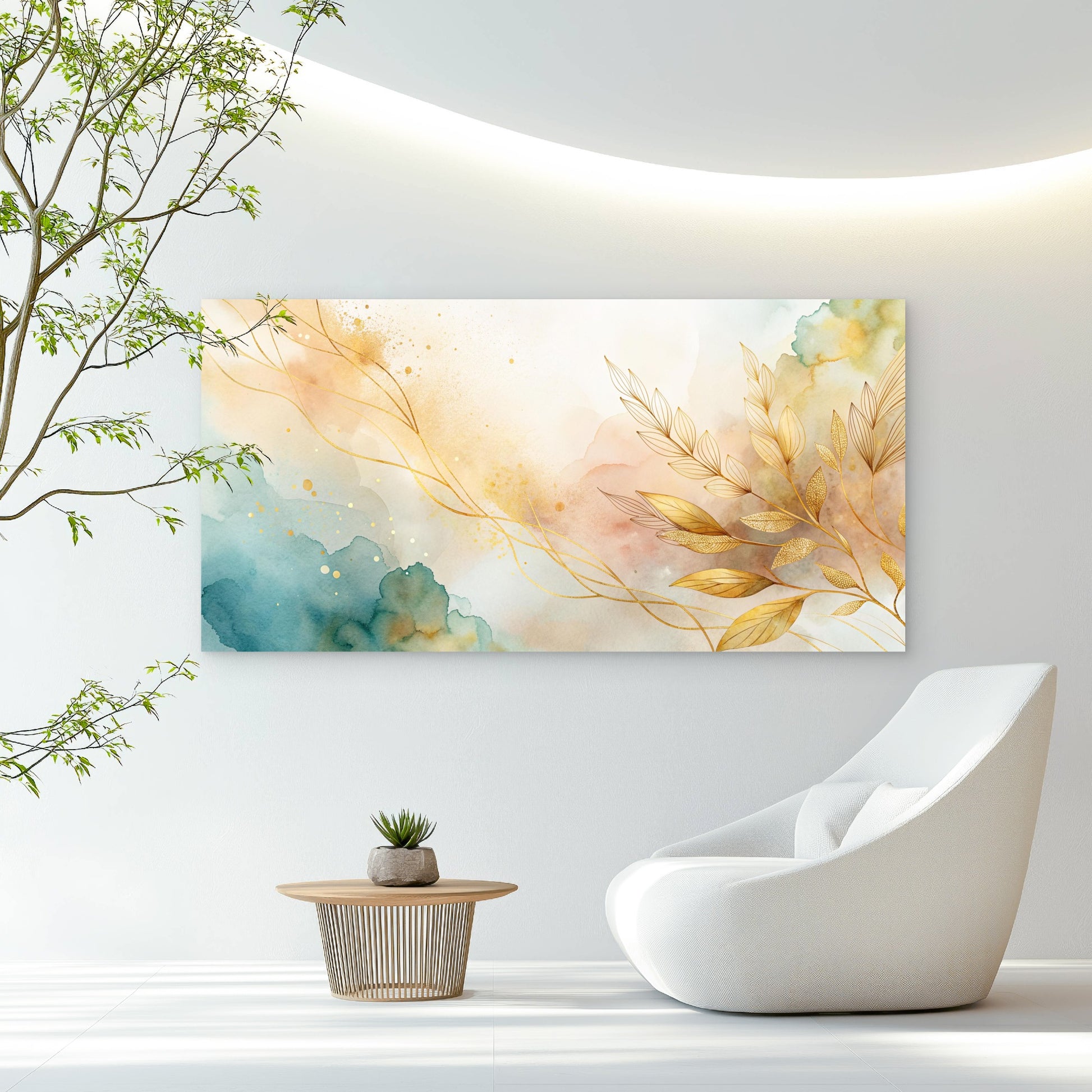 Golden Ether Botanical Leaves Wall Art Canvas Office Home Room Framed 120x60cm - Bella Home Decor