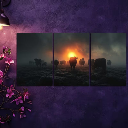 3pcs Rustic Sunset Cows and Sheep Wall Art Set Canvas Framed 50x70cm - High Quality Print 100% Australian Made Wall Canvas Ready to Hang