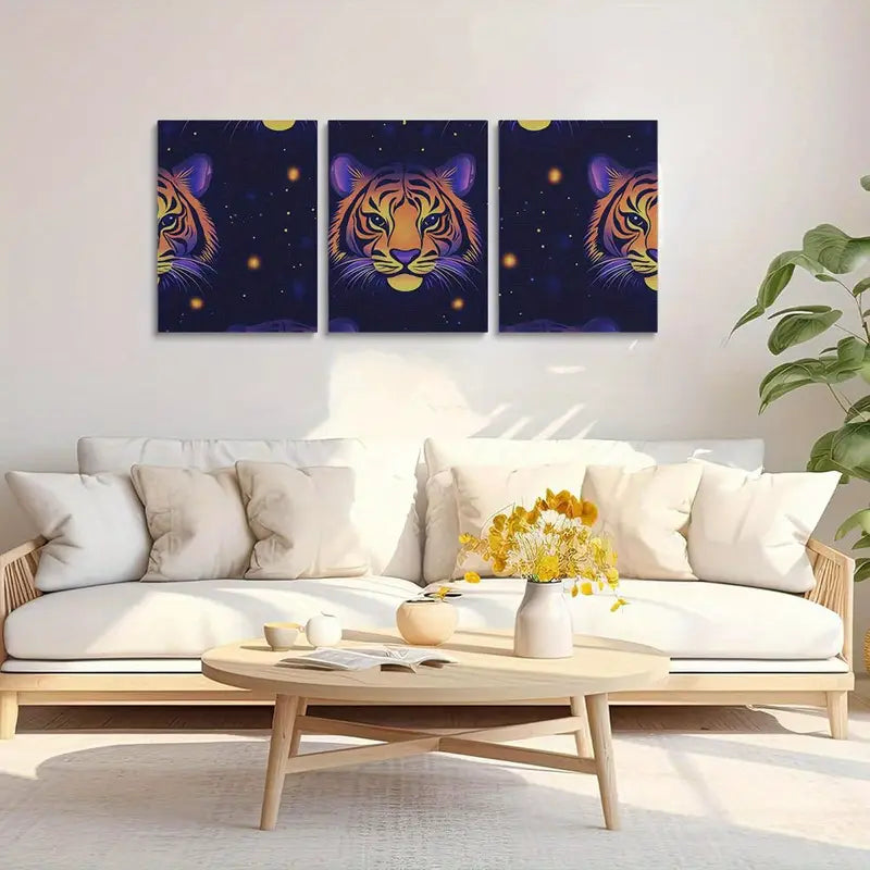 3pcs Vibrant Tiger Pattern Design with Golden Accents Metal Print Ready to Hang Art