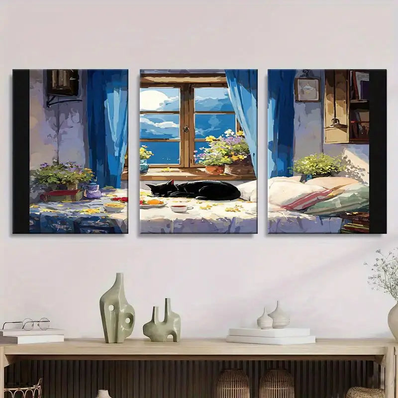 3pcs Charming Black Cat On Bed With Food & Flowers Metal Print Ready to Hang Art - Bella Home Decor
