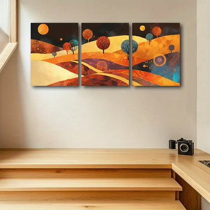 3pcs Rolling Hills, Trees, And Golden Sun Metal Print Ready to Hang Art