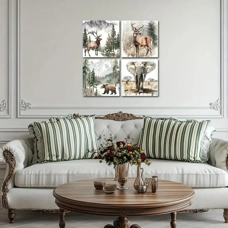 4pcs Forest Animal Deer Bear Elephant Picture Wall Art Canvas Framed - Bella Home Decor