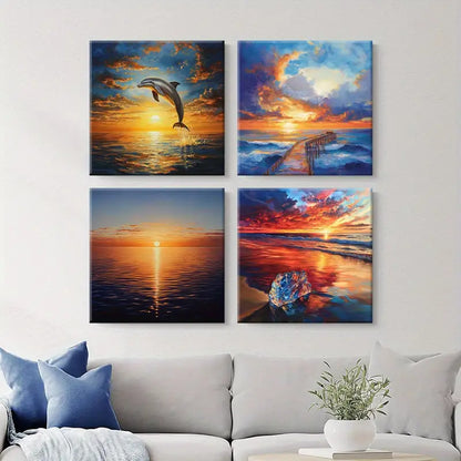 4pcs Sunset Decorative Artwork, Dolphin  Wall Art Canvas Framed