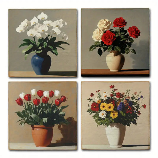 4pcs Blue,White,Brown And Beige Flower Vase Wall Art Canvas Framed
