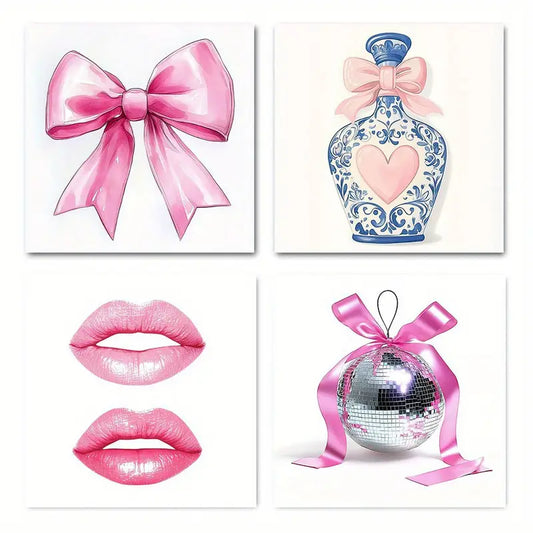 4pcs Funky Pink Bow Trendy Blue And White Porce Wall Art Canvas Framed