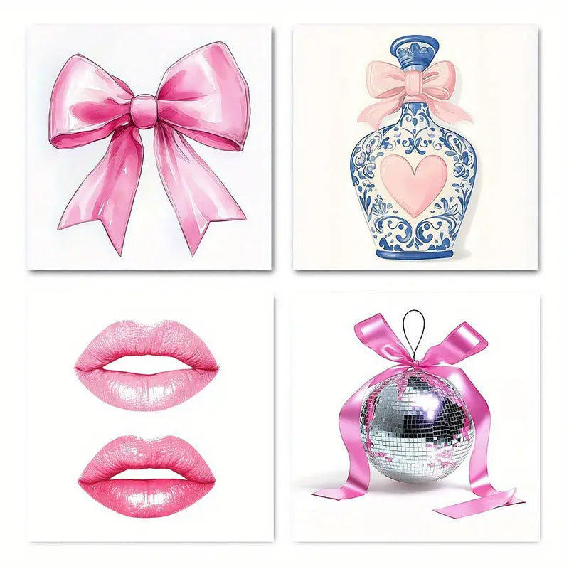 4pcs Funky Pink Bow Trendy Blue& White Porcela Wall Art Canvas Framed