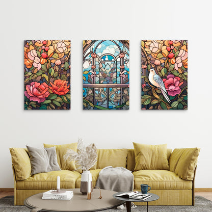 3pcs White Bird Floral Arched Window Metal Print Ready to Hang Art