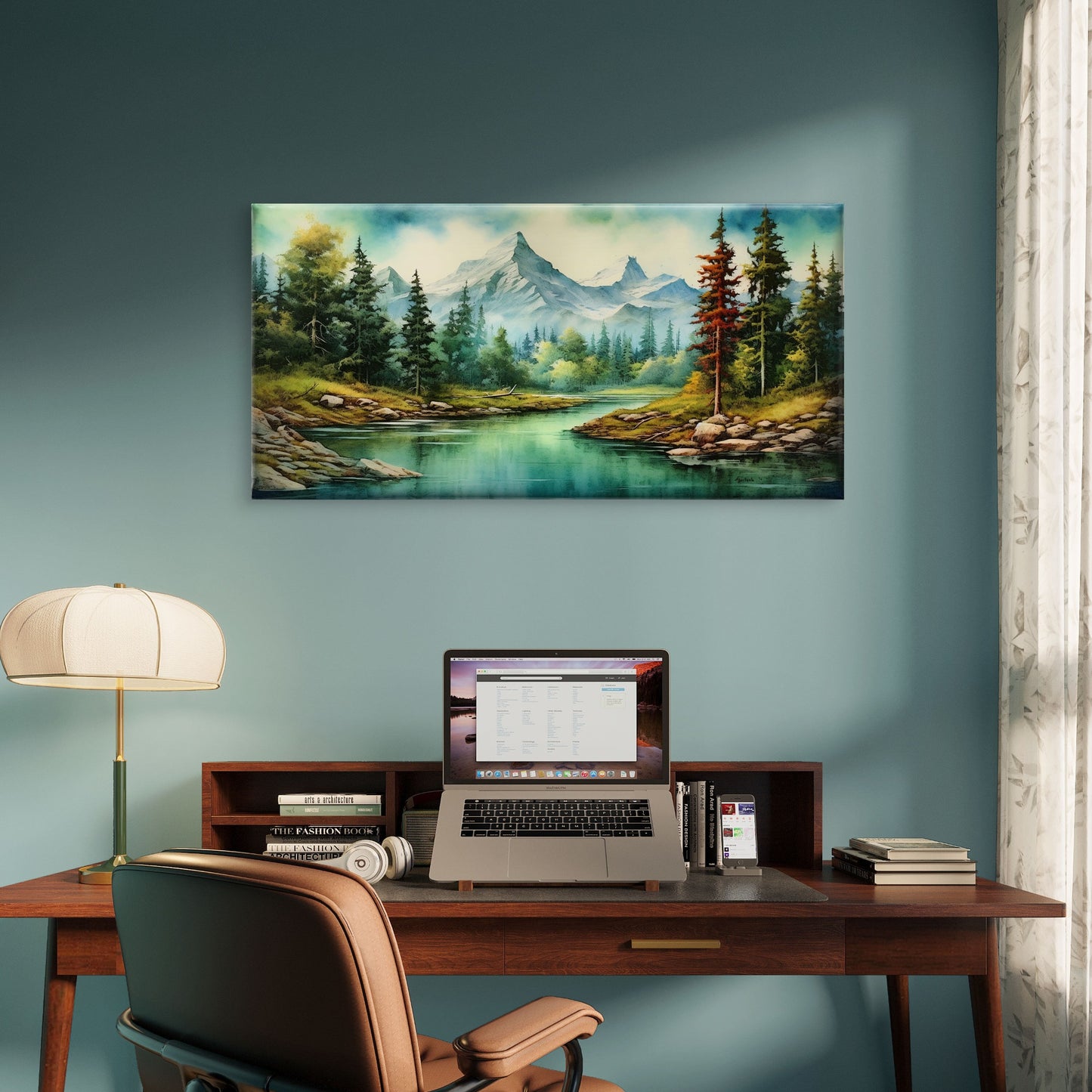 Tranquil Wilderness Lake Snowy Peaks Wall Art Canvas Office Home Framed 120x60cm