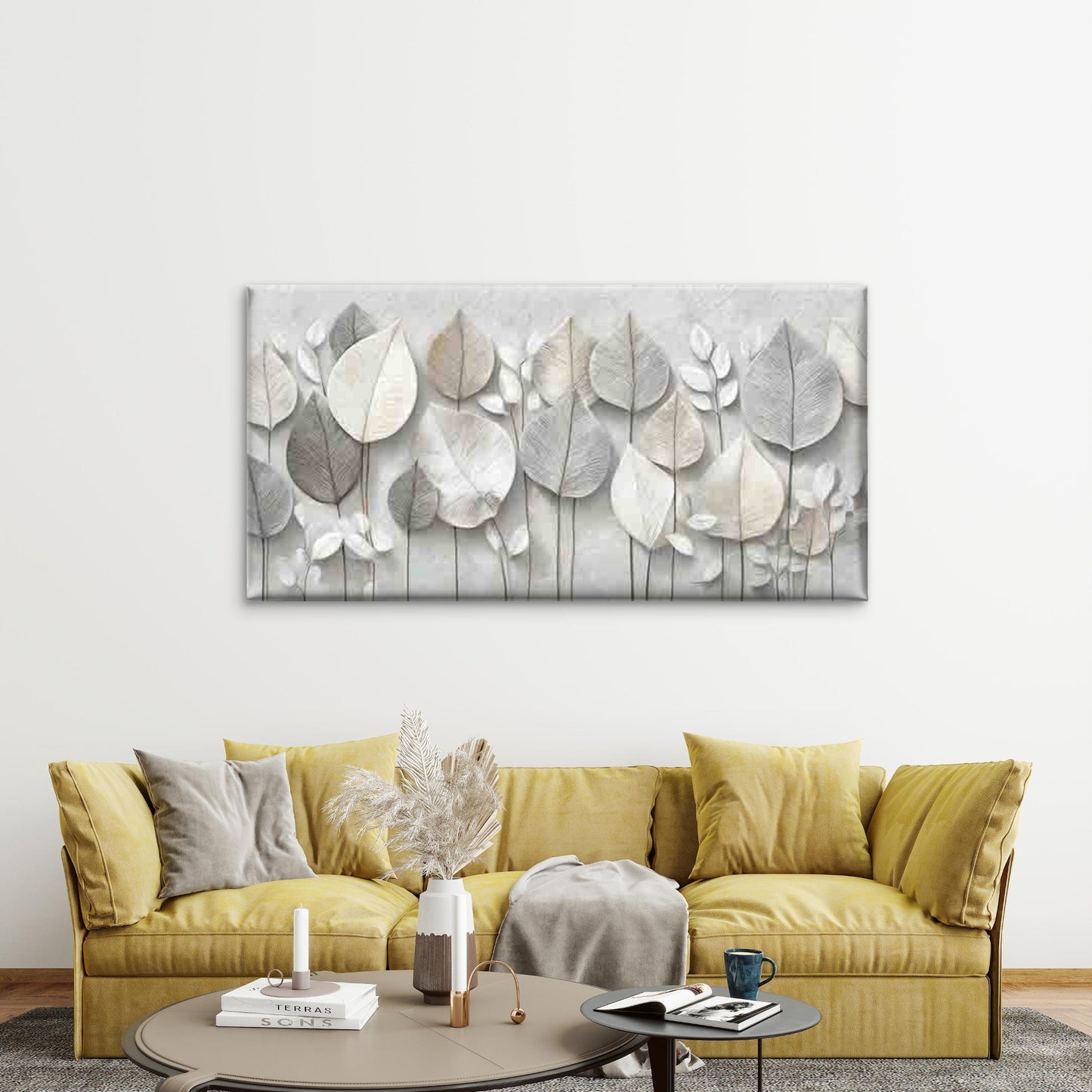 Abstract White Leaves Backgroun Wall Art Canvas Office Home Room Framed 120x60cm - Bella Home Decor