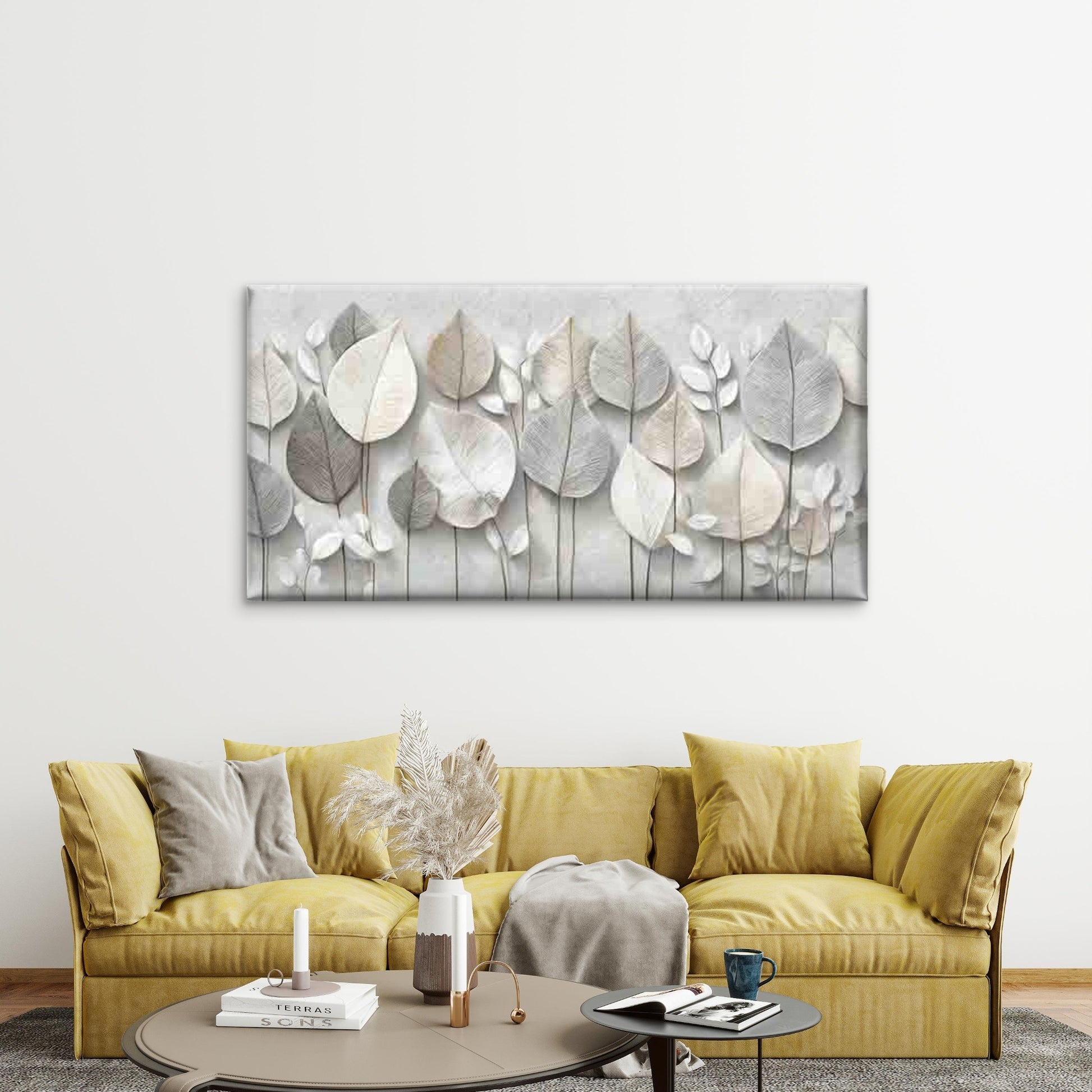 Abstract White Leaves Backgroun Wall Art Canvas Office Home Room Framed 120x60cm - Bella Home Decor