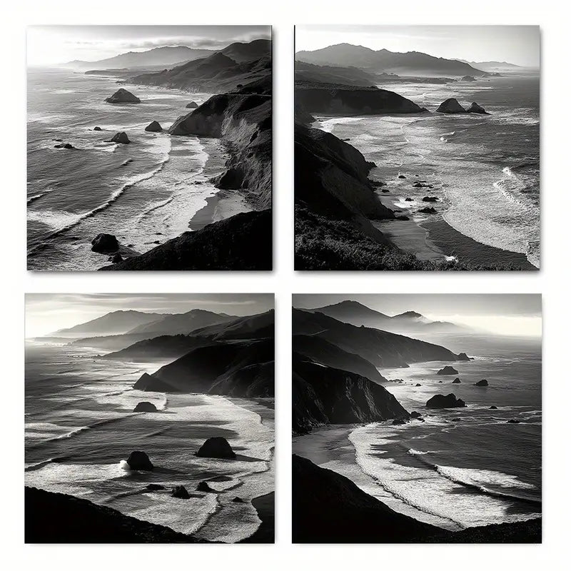 4pcs Black & White Coastal Landscape with Waves Wall Art Canvas Framed