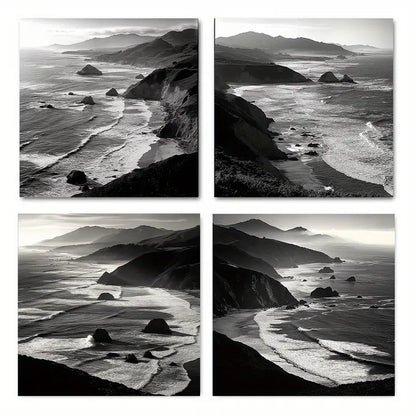 4pcs Black & White Coastal Landscape with Waves Wall Art Canvas Framed
