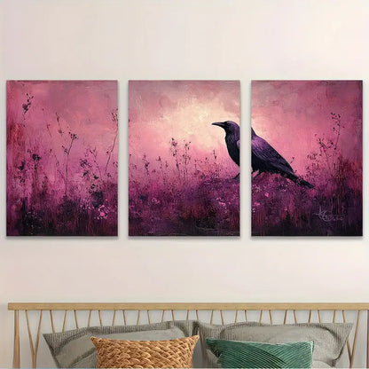 3pcs Abstract Raven & Purple Wildflowers Metal Print Ready to Hang Art - Bella Home Decor