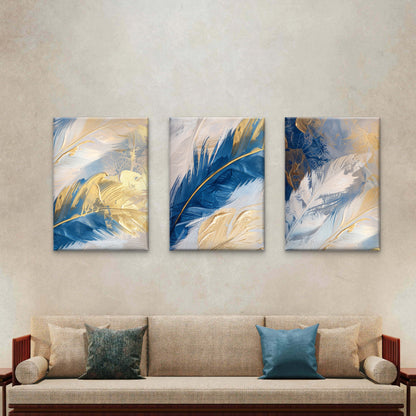 3pcs Royal Blue Gold Feather Abstract Painting     Wall Art Set Canvas Framed 60x90cm - High Quality Print 100% Australian Made Wall Canvas Ready to Hang