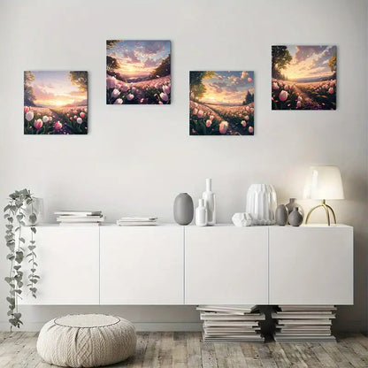 4pcs Sunrise Pink Tulips & Cloud Petals Wall Art Canvas Framed