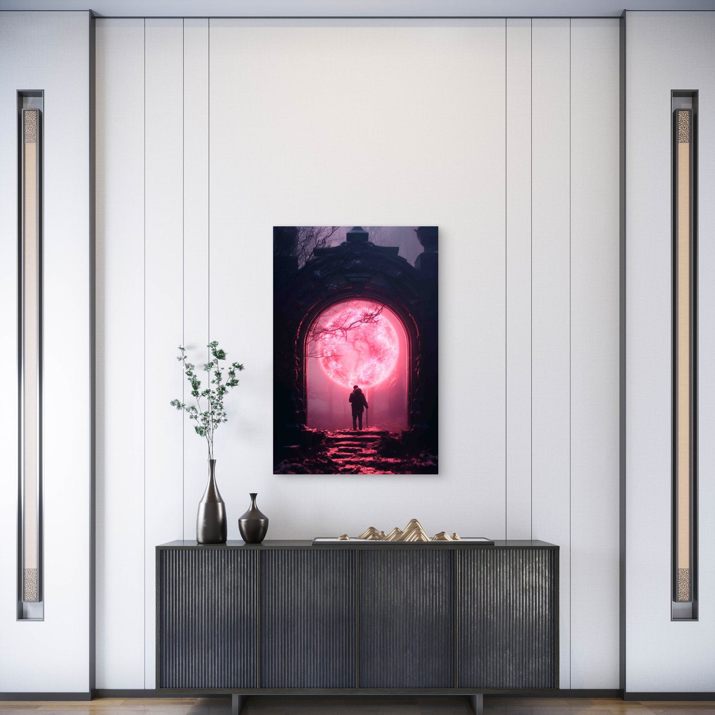A Lone Figure Standing Before An Ancient Dark Stone Archway 60x90cm Metal Print Ready to Hang