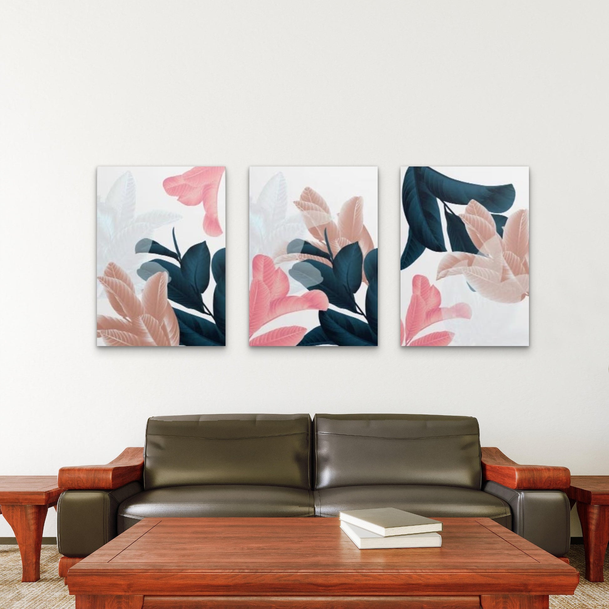 3pcs Pink Teal Botanical Leaves Abstract Trio Wall Art Set Canvas Framed 60x90cm - High Quality Print 100% Australian Made Wall Canvas Ready to Hang - Bella Home Decor