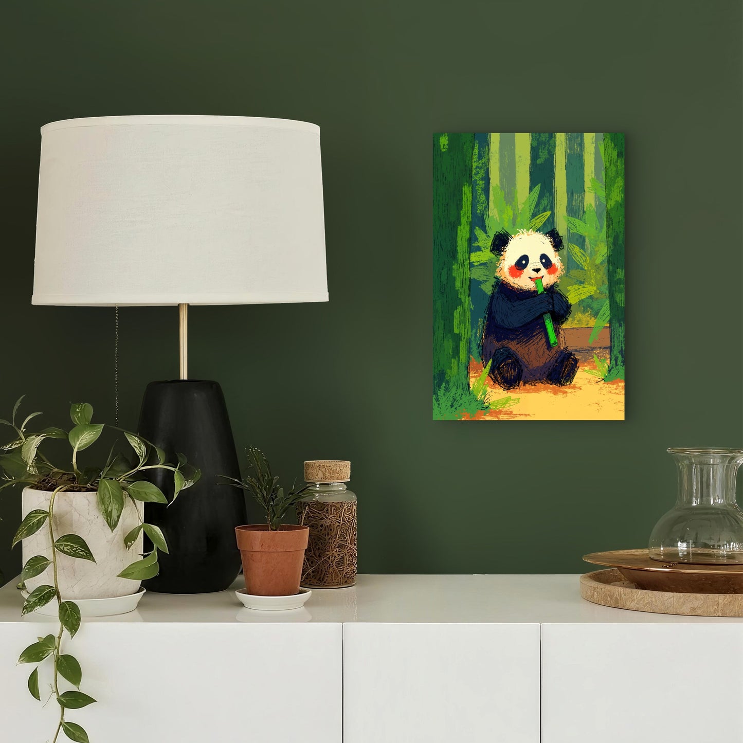 Cute Cartoon Panda Eating Bamboo 60x90cm Metal Print Ready to Hang