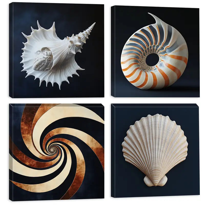 4pcs  Spiral Patterns & Seashell Abstract    Wall Art Canvas Framed