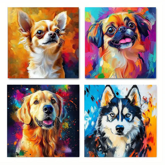 4pcs Watercolor Cute Lovely Dog Wall Art Canvas Framed
