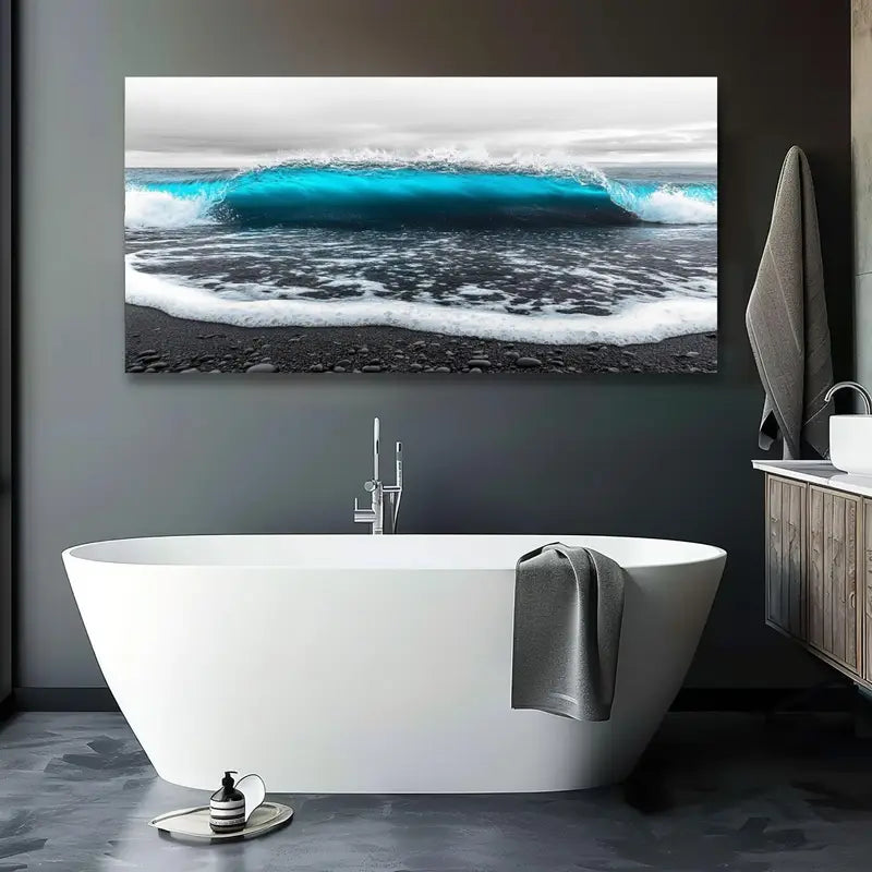 Modern Black and White Ocean Waves Seascape Blue Accents Wall Art canvas office home room framed 120x60cm - Bella Home Decor
