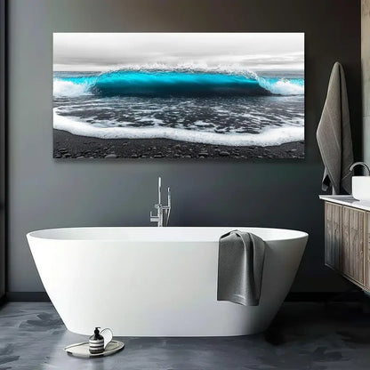 Modern Black and White Ocean Waves Seascape Blue Accents Wall Art canvas office home room framed 120x60cm - Bella Home Decor