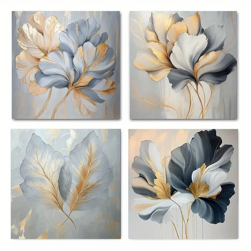 4pcs Golden White Leaves Wall Art Canvas Framed