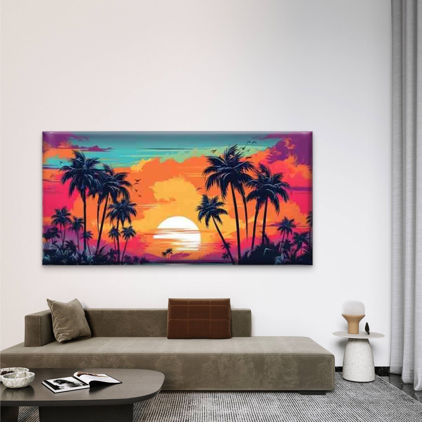 Retro-Pop Art Tropical Sunset Wall Art Canvas Office Home Room Framed 120x60cm