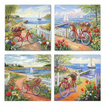 4pcs Vintage Bike Path   Tulips & Sailboats   Wall Art Canvas Framed
