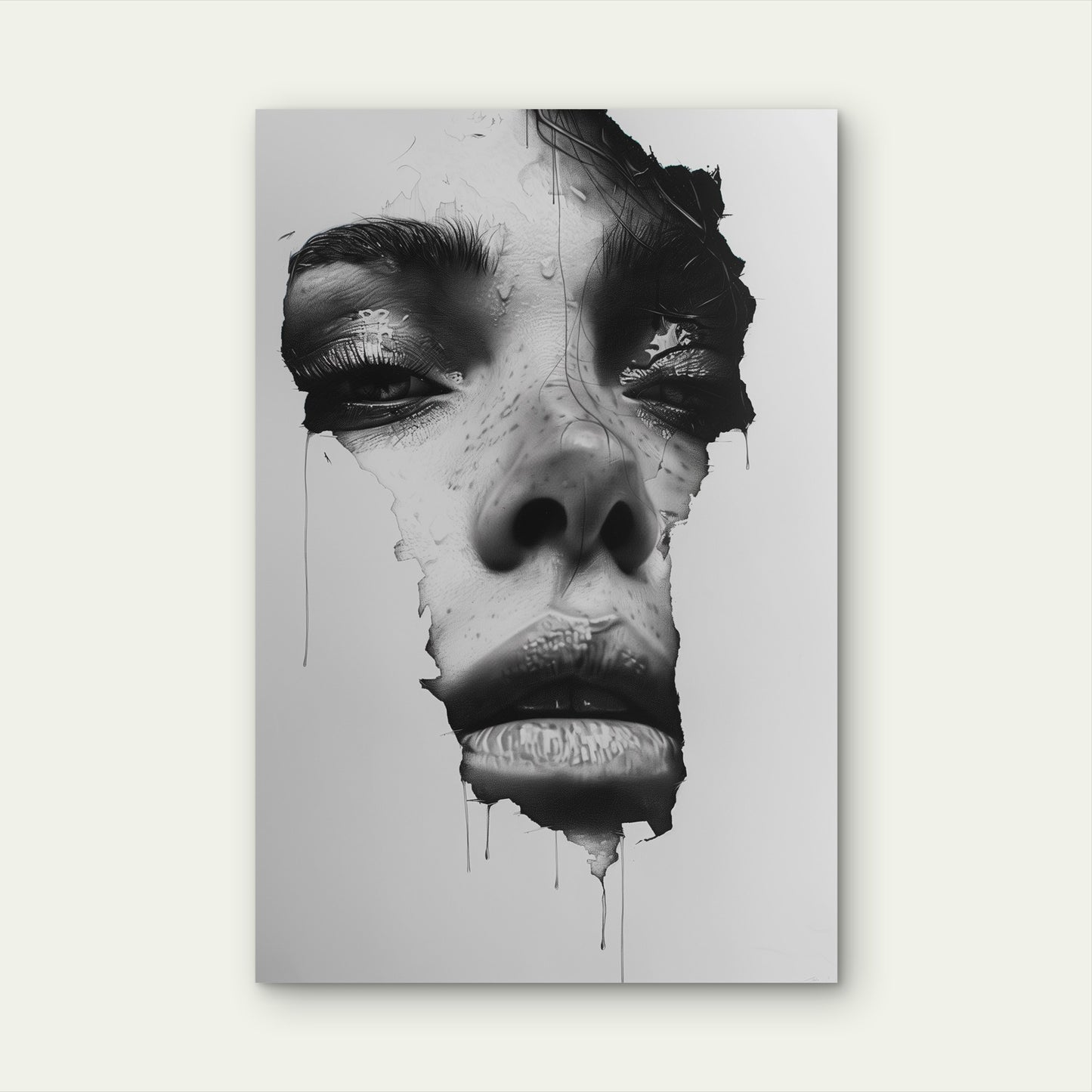 Black White Woman Face Ink Drip Art 40x60cm Metal Print Ready to Hang