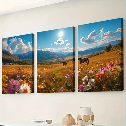 3pcs Plateau Wild Horses Landscape Scene Wall Art Set Canvas Framed 50x70cm - High Quality Print 100% Australian Made Wall Canvas Ready to Hang