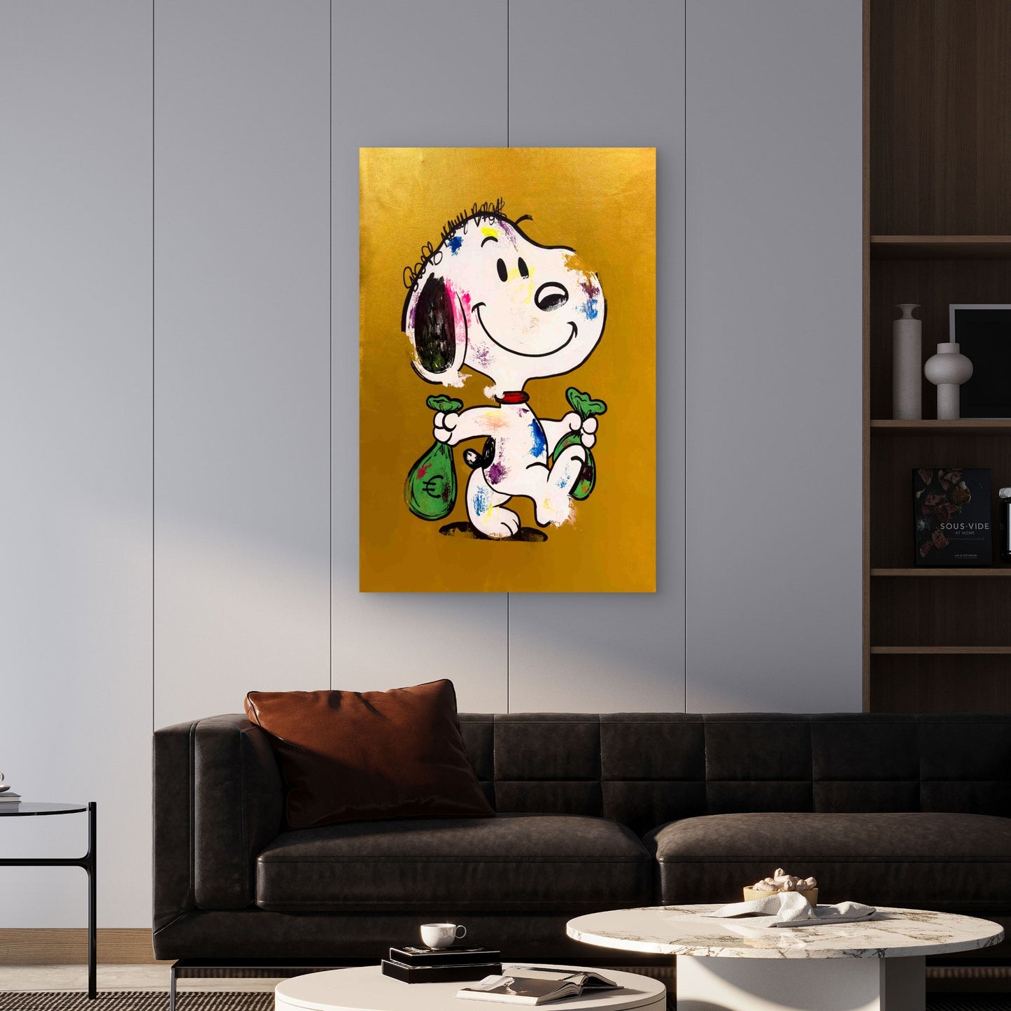 Cartoon Dog Money Bags Gold Background 40x60cm Metal Print Ready to Hang