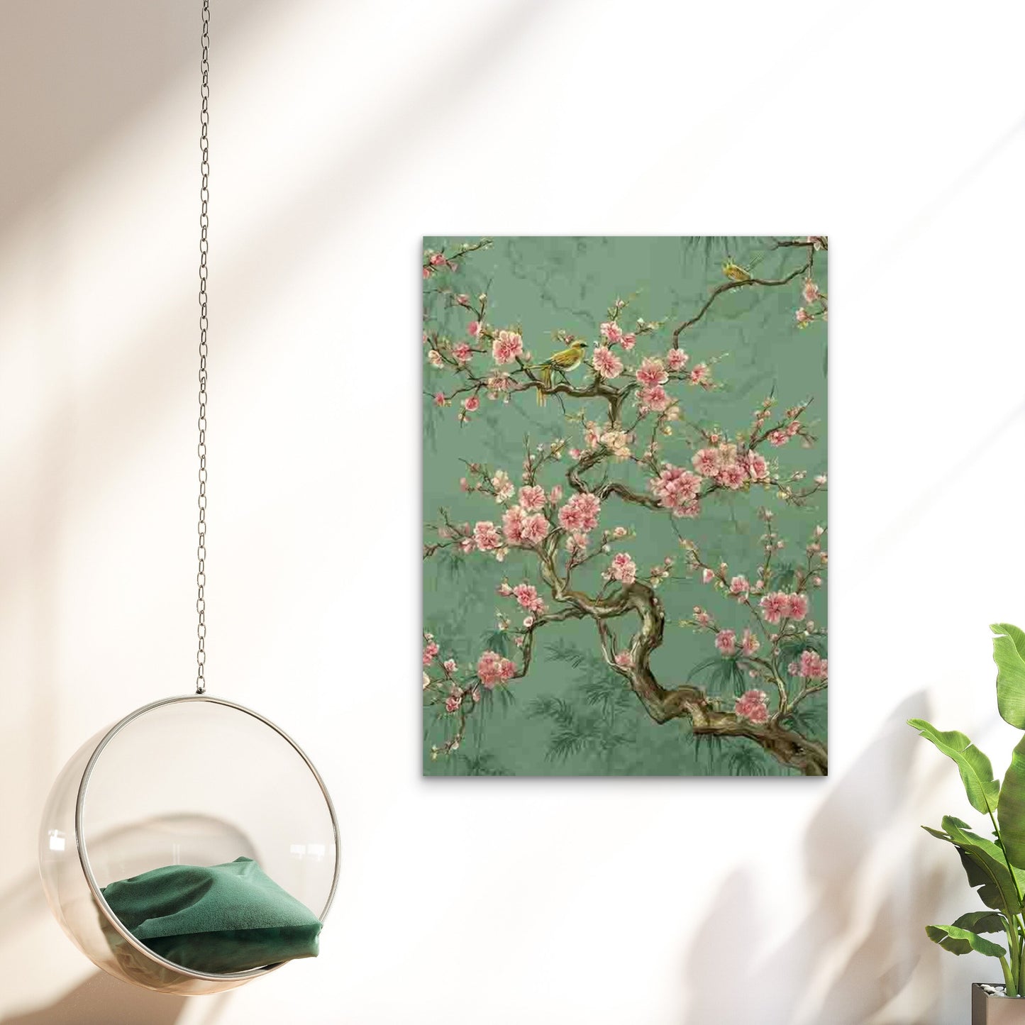 Sage Green Chinoiserie Art Sakura Floral Chinese 60x90cm Metal Print Ready to Hang - Bella Home Decor