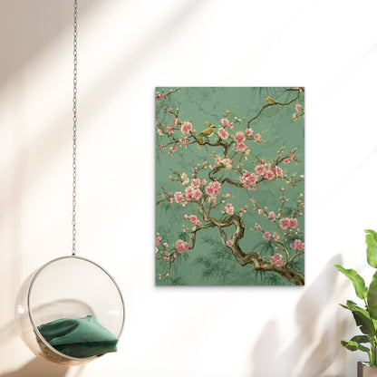 Sage Green Chinoiserie Art Sakura Floral Chinese 60x90cm Metal Print Ready to Hang - Bella Home Decor