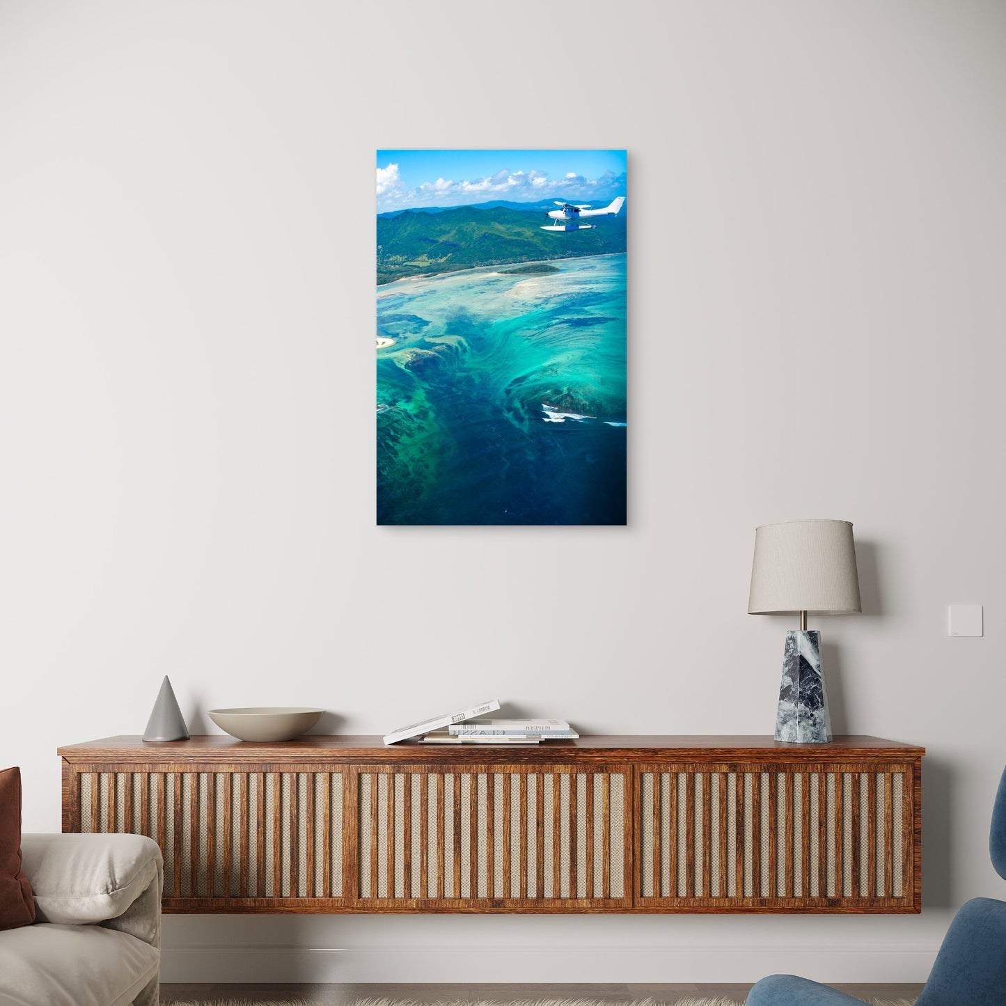 Mauritius Underwater Waterfall Seaplane 40x60cm Metal Print Ready to Hang