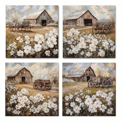 4pcs   Rustic Barn & Wagon VC Wall Art Canvas Framed